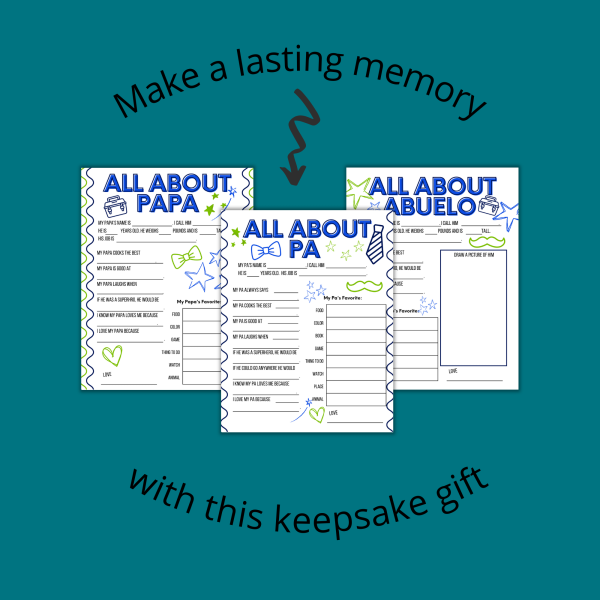 teal background, make a lasting memory with this keepsake gift. pictures of Papa, Pa, and Abuelo Worksheets