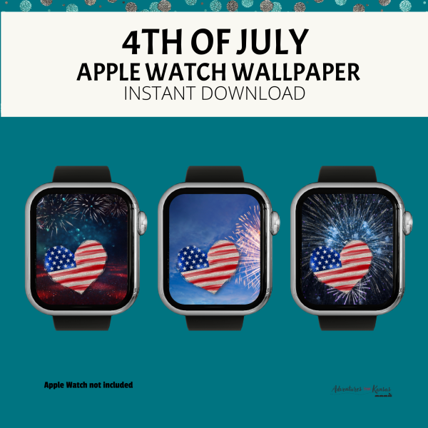 teal bkg, white banner 4th of July Apple Watch wallpaper instant download, Apple Watch not included. Shows 3 watches with leopard American heart with firework backgrounds in red and yellow