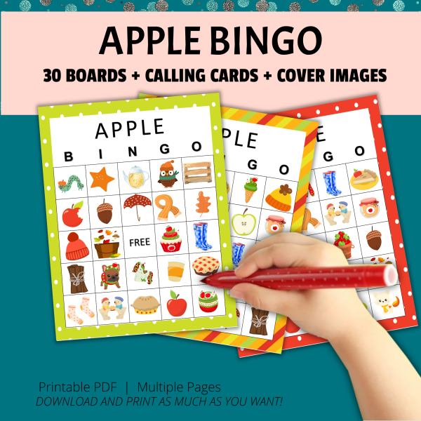 teal bkg glitter, orange stripe with APPLE Bingo, 30 Boards, calling cards, cover images, bottom printable pdf, multiple pages, download and print as much as you want, little kids hand holding marker ready to mark off the next called on apple bingo