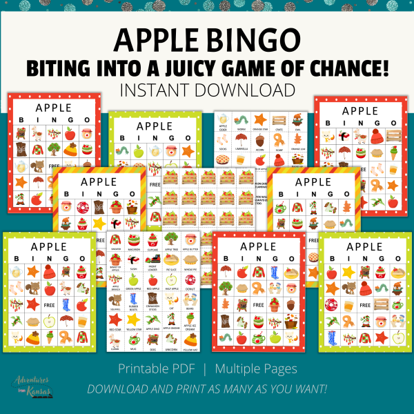 teal bkg glitter dots, cream stripe, APPLE BINGO, Biting into a Juicy Game of Chance!, Instant Download, Printable PDF, Multiple Pages, Download and Print as Many As You Want, then pages apple bingo boards, calling cards, and cover pieces in apples