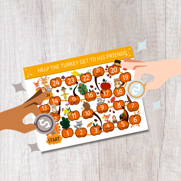 wood table background, shows the game board with pumpkin numbers, animals and turkeys with fall fruit and scarecrows, with two hands with coins playing the game