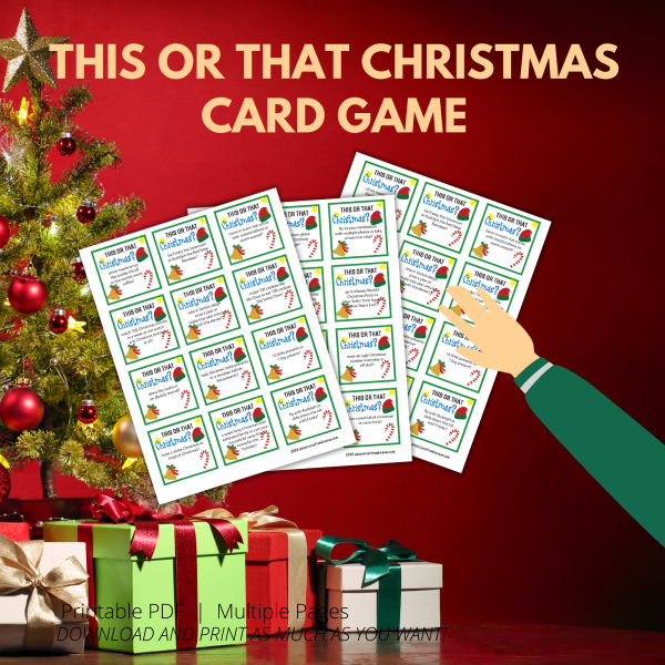 red bkg with tree and presents. This or That Christmas Card Game at top. With Hand Reaching out on top of image of the cards to play