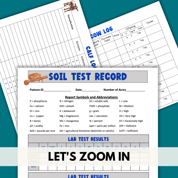 teal background, white stripe with Let's Zoom In, shows soil test record, calf log and cow log up closer
