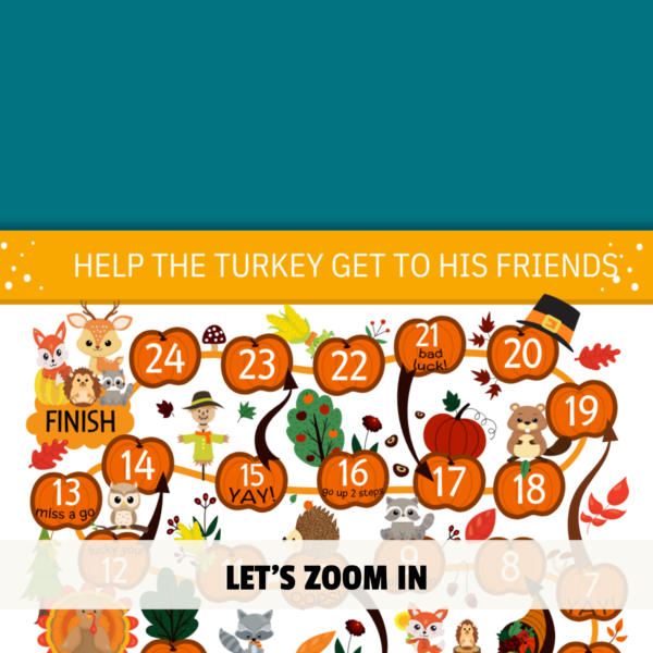 teal background with white stripe is Let's Zoom In, shows the close up of pumpkins, deers, foxes, and other animals