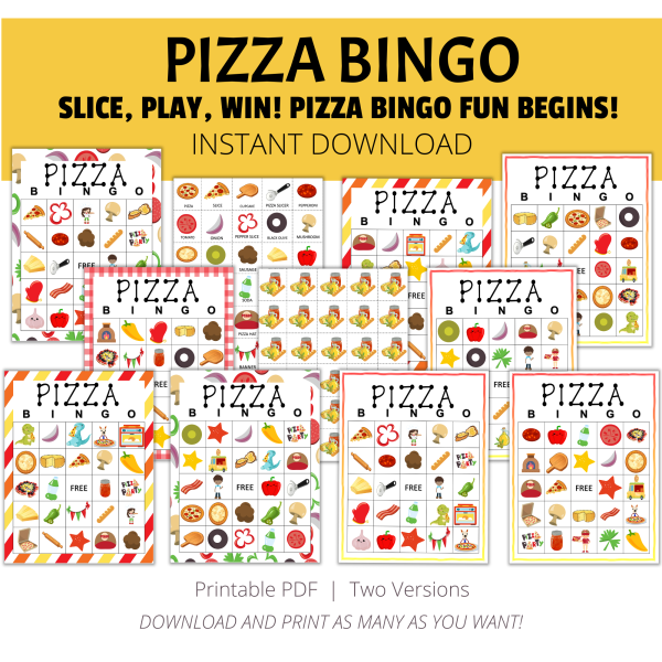 white bkg, yellow stripe with pizza bingo, slice, play, win! Pizza bingo fun begins! Instant download. Btw Printable PDF, two versions, download and print as many as you want. Shows images of regular and print friendly versions.