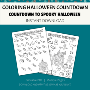 teal background, cream stripe Coloring Halloween Countdown, Countdown to Spooky Halloween, Instant Download, btw. Printable PDF, Multiple Pages, Download and Print. Then shows two images of the coloring pages with bats, ghost, and haunted house