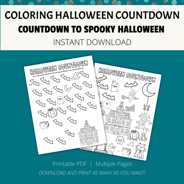 teal background, cream stripe Coloring Halloween Countdown, Countdown to Spooky Halloween, Instant Download, btw. Printable PDF, Multiple Pages, Download and Print. Then shows two images of the coloring pages with bats, ghost, and haunted house