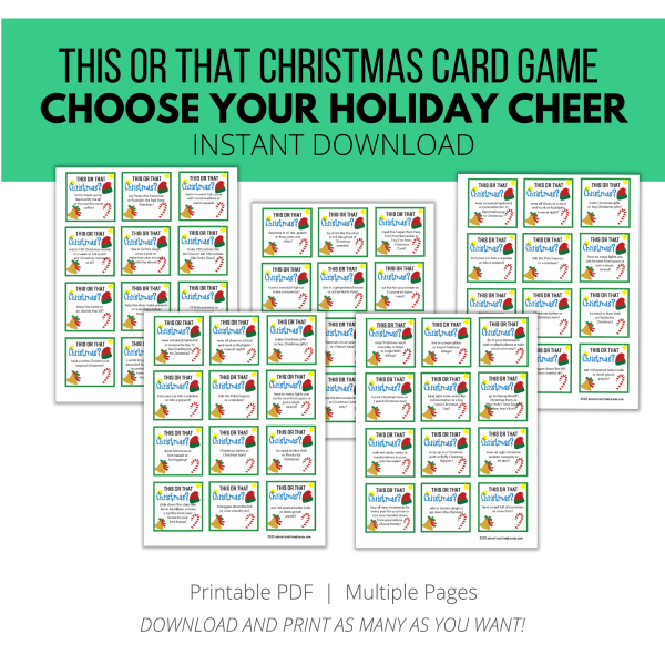 green stripe This or That Christmas Card Game, Instant Download, PrintablePDF, MultiplePages at bottom, then images of the 5 sheets of the game