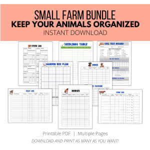 White background, orange stripe, small farm bundle, keep your animals organized, instant download, bottom printable pdf, multiple pages, download and print as many as you want. Shows images of steer, cow, calf logs, horse & dogs, soil test, & garden