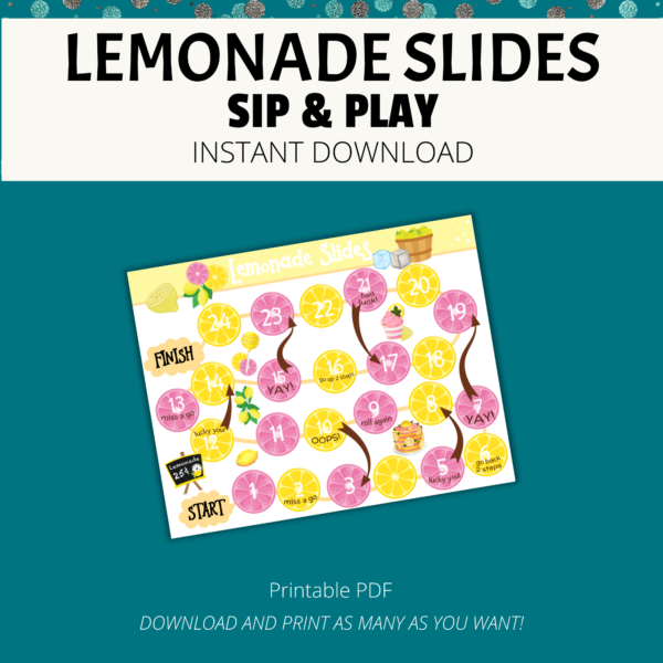 teal background, cream stripe Lemonade Slides, Sip & Play, Instant Download. Btm. Printable PDF, Download and Print as Many as you Want. Then has board with pink and yellow lemon slices.