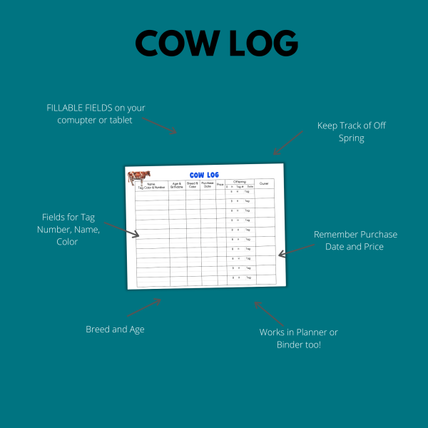 teal background, cow log, fillable fields on your computer or tablet, keep track of off spring, remember purchase date and price, bread, age, fields for tag, number, name, color, works in planner or binder too