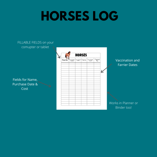 teal background, Horses log, fillable fields on your computer or tablet, vaccination and farrier dates, fields for name, purchase date, and cost, works in planner or binder too,