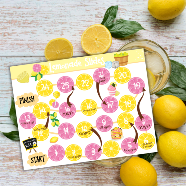 white table with lemons and glass with lemonade slides shows with lemonade graphics and pink and yellow lemon slices