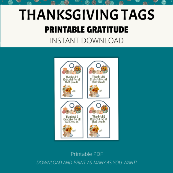 teal background, white stripe Thanksgiving Tags, Printable Gratitude, Instant Download, Printable PDF, Download and Print as Many as You Want. Shows image of Thankful & Grateful for all that you do. Love, then shows pink, brown, orange, teal pumpkins