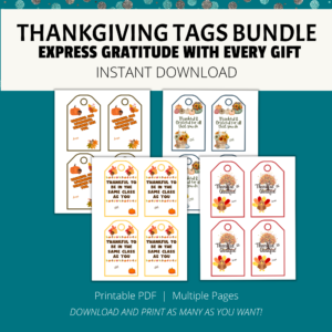 teal background, white stripe Thanksgiving Tags Bundle, Express Gratitude with Every Gift, Instant Download. Btm, printable pdf, multiple pages, download and print as many as you want. Shows images of the 4 different tags with fall images
