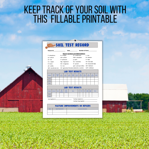 barn farm background, keep track of your soil with this fillable printable, shows image of soil test record, with pasture id, date, acres, keys