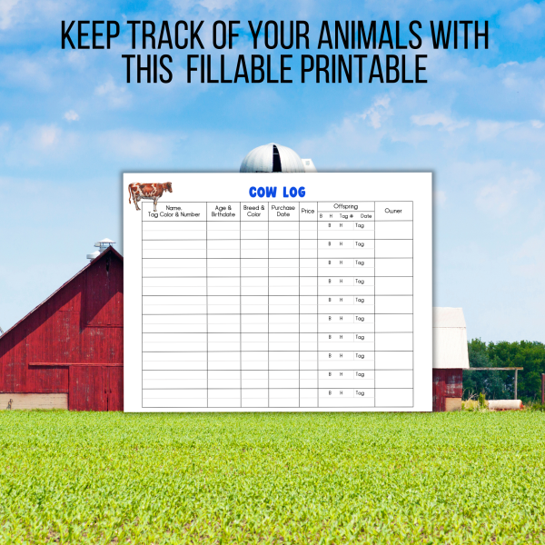 farm background, keep track of your animals with this fillable printable cow log