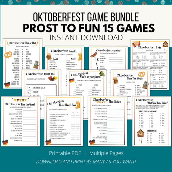 teal background with white stripe. Oktoberfest Game Bundle Prost to Fun 15 Games. Instant Download.Btm. Printable PDF, Multiple Pages, Download and Print. Features images from game pack including this or that, drink if, catagories, trivia, and more