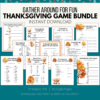 teal bkgd, cream stripe, Gather around for fun Thanksgiving Game Bundle, Instant Download, bottom,Printable PDF, Multiple Pages, Download and print as many as you want. Shows images of Thanksgiving Game Bundle with Fast Think, Trivia, Emoji, and more