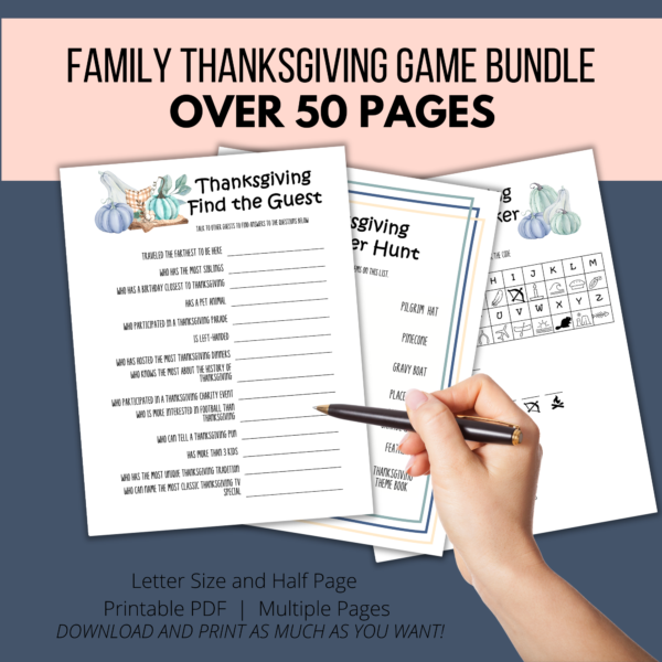 blue background, peach stripe Thanksgiving Family Games, Over 50 Pages, Letter and Half Size, Printable PDF, Multiple Pages, Download and Print, Shows Find the Guest, Scavenger Hunt, Code Breaker
