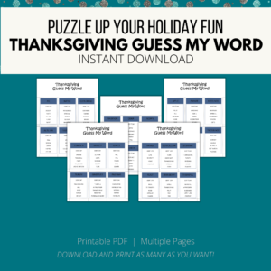 teal background, cream stripe Puzzle Up Your Holiday Fun, Thanksgiving Guess My Word, Instant Download, btm. Printable PDF, Multiple Pages, download and print, shows images of Guess My Words to cut out and play.