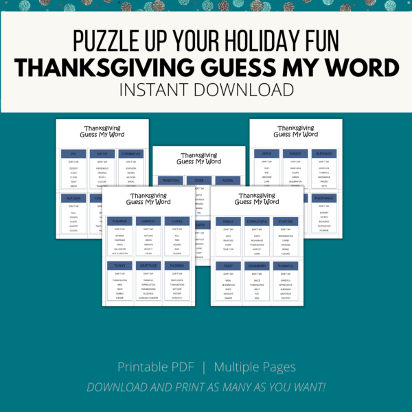 teal background, cream stripe Puzzle Up Your Holiday Fun, Thanksgiving Guess My Word, Instant Download, btm. Printable PDF, Multiple Pages, download and print, shows images of Guess My Words to cut out and play.