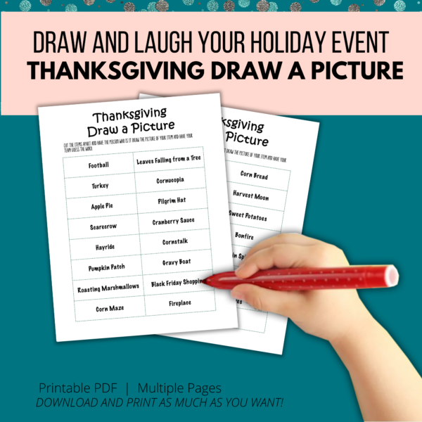teal background, peach stripe Draw and Laugh your Holiday Event Thanksgiving Draw a Picture, shows a hand holding a marker over the pages. Printable PDF.