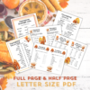 white table with pumpkin pie, turkey, etc with the words Full Page and Half Page Letter Size PDF, with images of Games, This or That, Whats Your Name, Drink If,Bucket List, and Scavenger Hunt