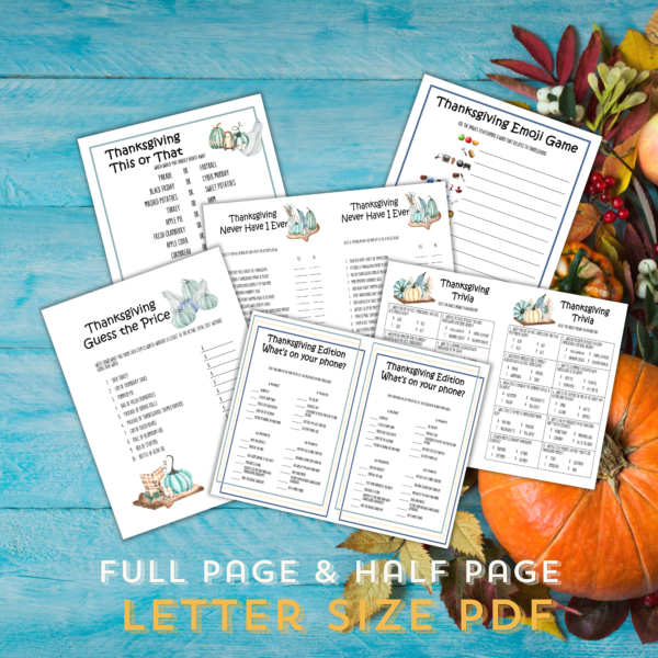 teal blue table with pumpkins,etc with the words Full Page and Half Page Letter Size PDF, with images of Games, This or That, Emoji Game, Guess the Price, Whats on your phone, and Trivia Quiz