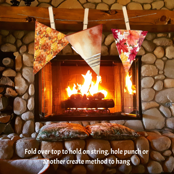 fold over top to hold on string, hole punch or another create method to hang, Shows fireplace with string and close pins holding bunting in front of fireplace