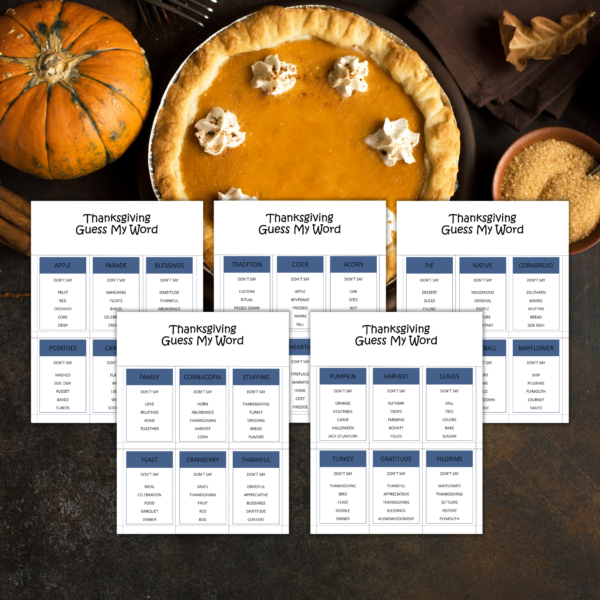 dark wood table, pumpkin pie. Thanksgiving Guessing Word Game, Images with 6 cards per page