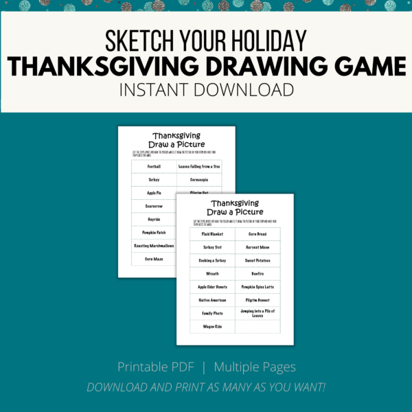teal background, cream stripe Sketch your Holiday, Thanksgiving Drawing Game, Instant Download, btm. Printable PDF, Multiple Pages, Download and Print, shows 2 pages of the items you cut apart and put in a bowl