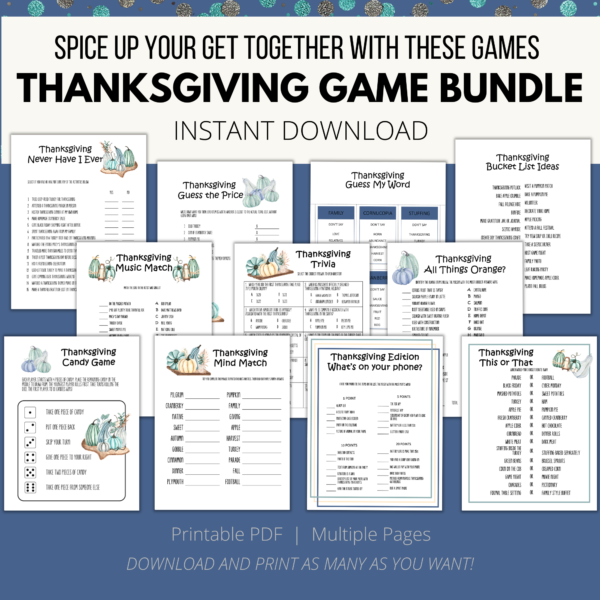 blue bkgd, cream stripe, Spice up your get together with these Thanksgiving Game Bundle, Instant Download, bottom,Printable PDF, Multiple Pages, Download and print as many as you want. Shows images of Thanksgiving Game Bundle