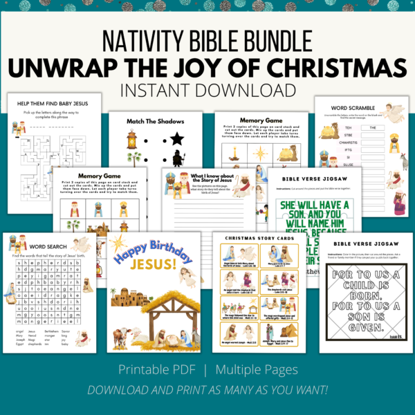 teal background, white stripe Nativity Bible Bundle, Unwrap the Joy of Christmas, Instant Download. Bottom Printable PDF, Multiple Pages, Download and Print as Many as you want, then shows images of the packet with a maze, puzzle and more