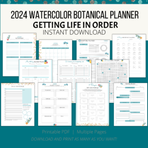 teal background, cream stripe 2024 Watercolor Botanical Planner Getting Life in Order, InstantDownload, bottom printable PDF,Multiple Pages, Download and Print, shows monthly, quarterly, savings goals with teal flowers