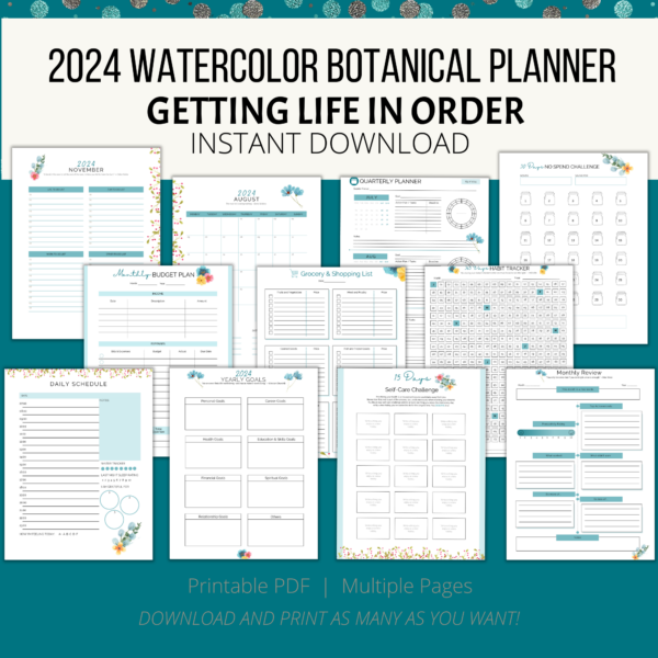 teal background, cream stripe 2024 Watercolor Botanical Planner Getting Life in Order, InstantDownload, bottom printable PDF,Multiple Pages, Download and Print, shows monthly, quarterly, savings goals with teal flowers