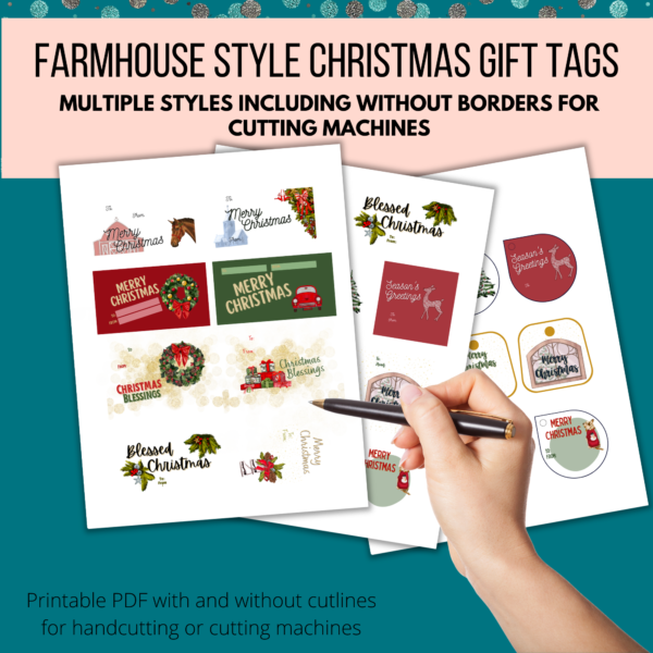teal background, peach stripe, Farmhouse Style Christmas Gift Tags, Multiple Styles Including Without Borders for Cutting Machines, Printable PDF with and without cutlines for handcutting or cutting machines, shows hand over tags ready to fill out