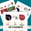 teal background, white stripe Let's Zoom In, shows Season's Greetings with latern, Christmas Tree, Deer, Rectangle gift tags, Blessed Christmas, Merry Christmas Farmhouse Tag