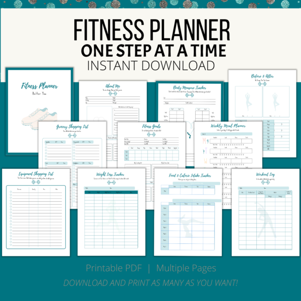 teal background, white stripe Fitness Planner One Step at a Time, Instant Download, Printable PDF, Multiple Pages, Download and Print, Cover Page, About Me, Body Measurement Tracker, Grocery List, Fitness Goals, Weekly Meal Planner, Weight Loss