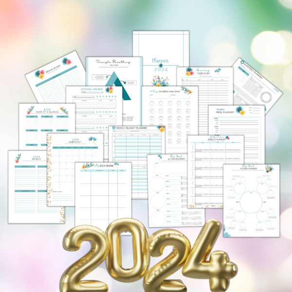 shows soft background with 2024 ballotsand multiple pages of the planner with cover, period tracker, habit tracker, quarter goal, action steps, and more