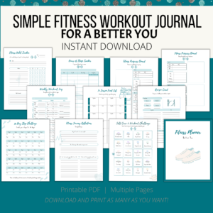 teal background, white stripe Simple Fitness Workout Journal For a Better You, Instant Download, bottom printable PDF, Multiple Pages, Download and Print, fitness habit tracker, hour of sleep tracker, fitness progress board, recipe card, in season