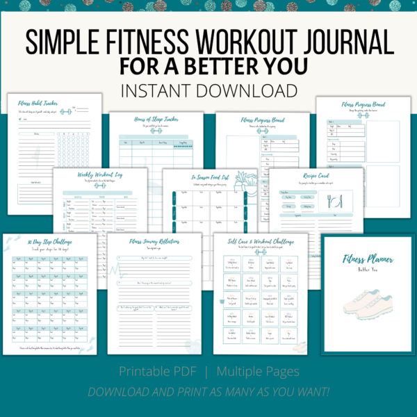 teal background, white stripe Simple Fitness Workout Journal For a Better You, Instant Download, bottom printable PDF, Multiple Pages, Download and Print, fitness habit tracker, hour of sleep tracker, fitness progress board, recipe card, in season