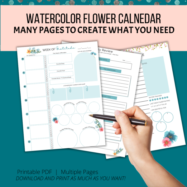 teal background, peach stripe Watercolor flower Calendar, Many Pages to create what you need, Printable PDF, Multiple Pages, Download and Print, shows hand ready to fill out the weekly reflection and goal task