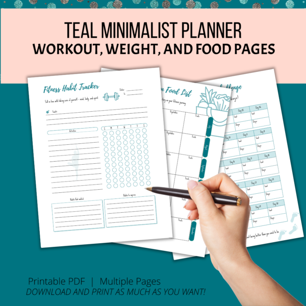 teal background, peach stripe, Teal Minimalist Planner Workout, Weight, and Food Pages, shows hand ready to fill out the pages. Printable PDF, Multiple Pages, Download and Print.