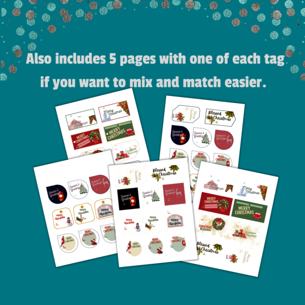 teal background, top Also includes 5 pages with one of each tag if you want to mix and match easier. Shows all pages with dog, latenern, horse, wreath, christmas tee, car, cardinal,