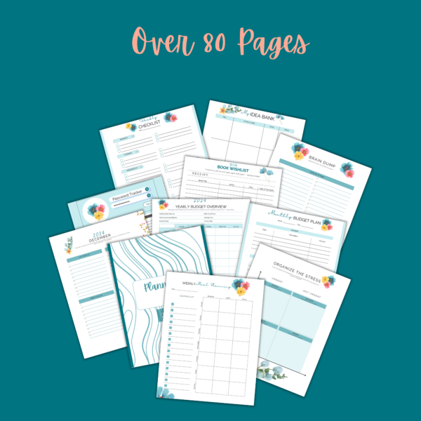 Over 80 Pages in peach, then multiple images of the pages included, habit trackers, calendars, weekly schedule, daily schedule, cover page, all have flowers of yellow, pink, and teal, goals, financial,, and more