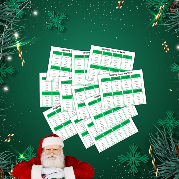 green background with green snowflakes and evergreens and Santa on the bottom with images of the Christmas Guess My Word Game Pages