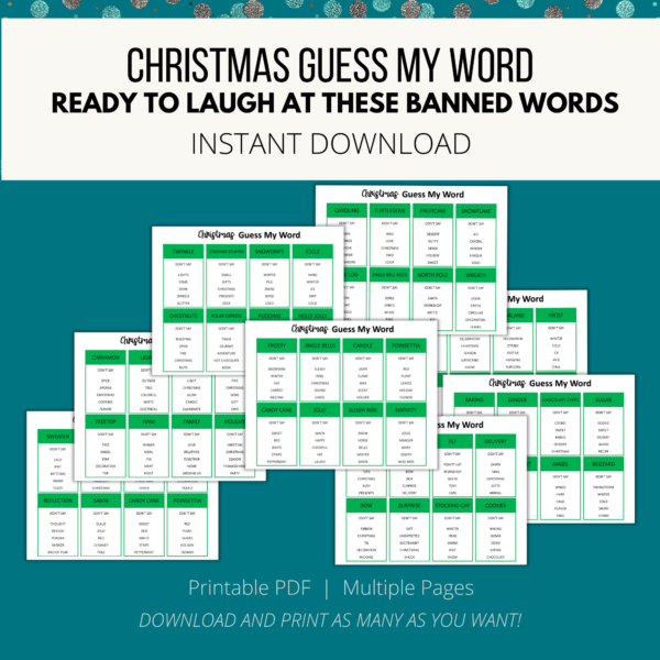 teal background, white stripe, Christmas Guess My Word, Ready to Laugh at these banned words, Instant Download, bottom Printable PDF, Multiple Pages, Download and Print, shows pages with 8 cards on letter page paper to cut out and play