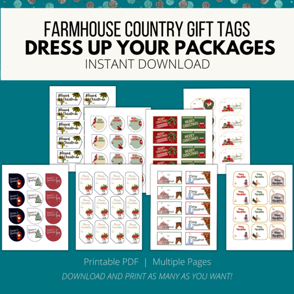 teal background, white stripe Farmhouse Country GiftTags, Dress up Your Packages, Instant Download, bottom Printable PDF, Multiple Pages, Download and Print, Shows multiple pages of all the different tags with horses, skates, presents, wreath, etc