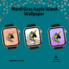 teal background, Mardi Gras Apple Watch Wallpaper, Apple Watch Not Included, Instant Download, three black smartwatch with orange, white with beads, and purple glitter all featuring a Madi Gras Unicorn with yellow green and purple mane